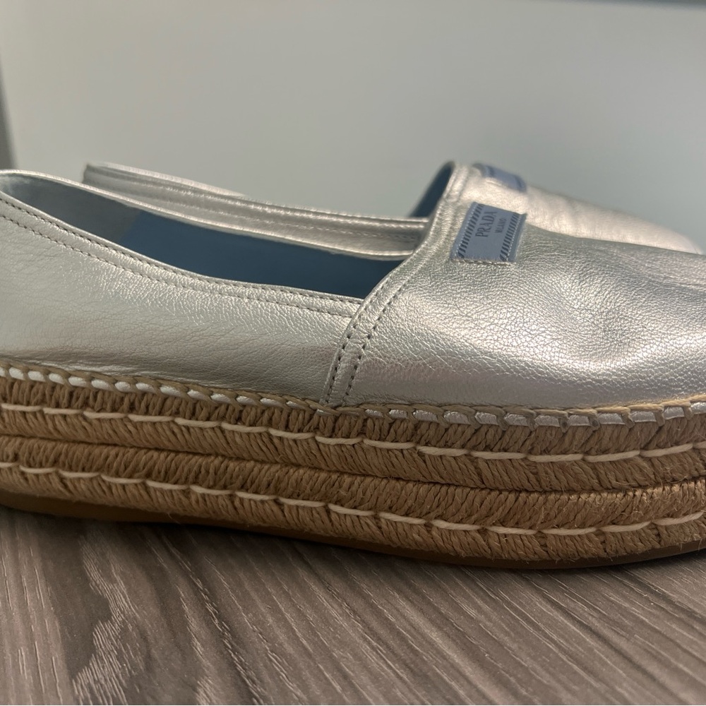 Prada Silver Espadrille Shoes with Luxe Metallic Finish - Picture 2 of 4